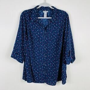 Catherines 0X Petite Stars Print Roll Tab Sleeve Button Blouse Top Navy Blue